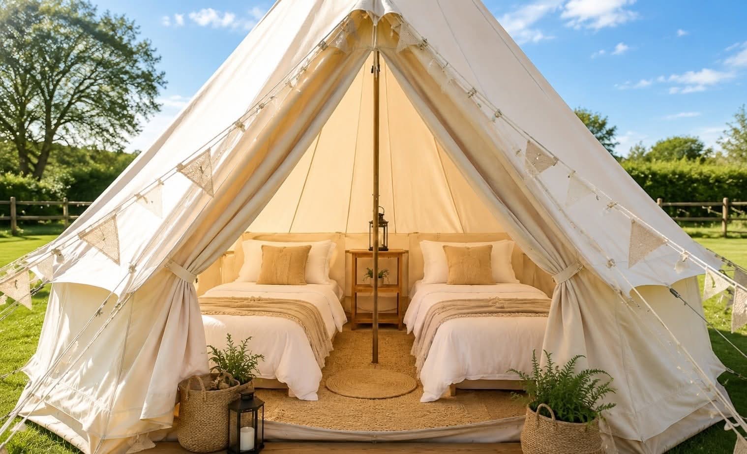 The bright interior of an outdoor bell tent with two beautifully made beds