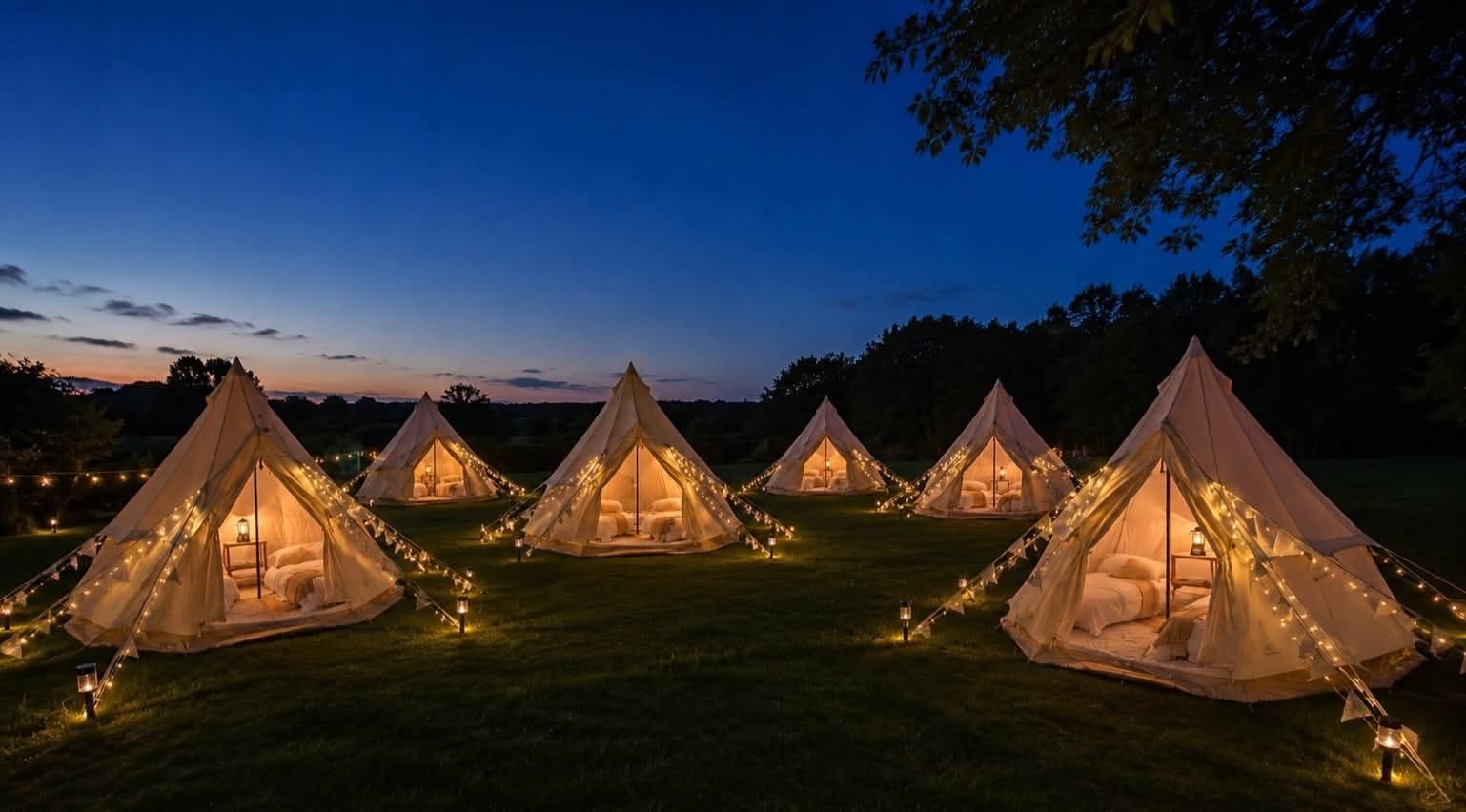 A wedding teepee village glowing with warm lights at dusk